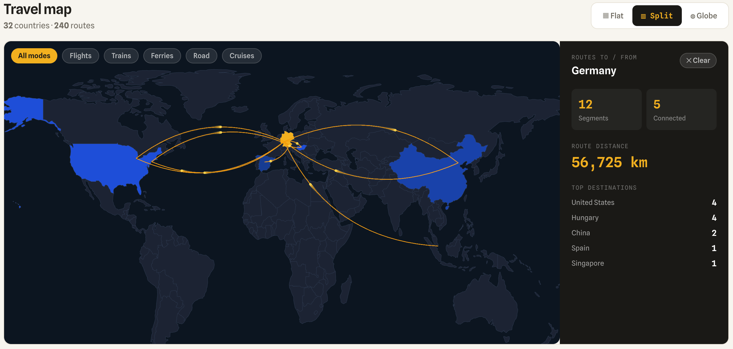 Wendways travel map — 32 countries, 240 routes
