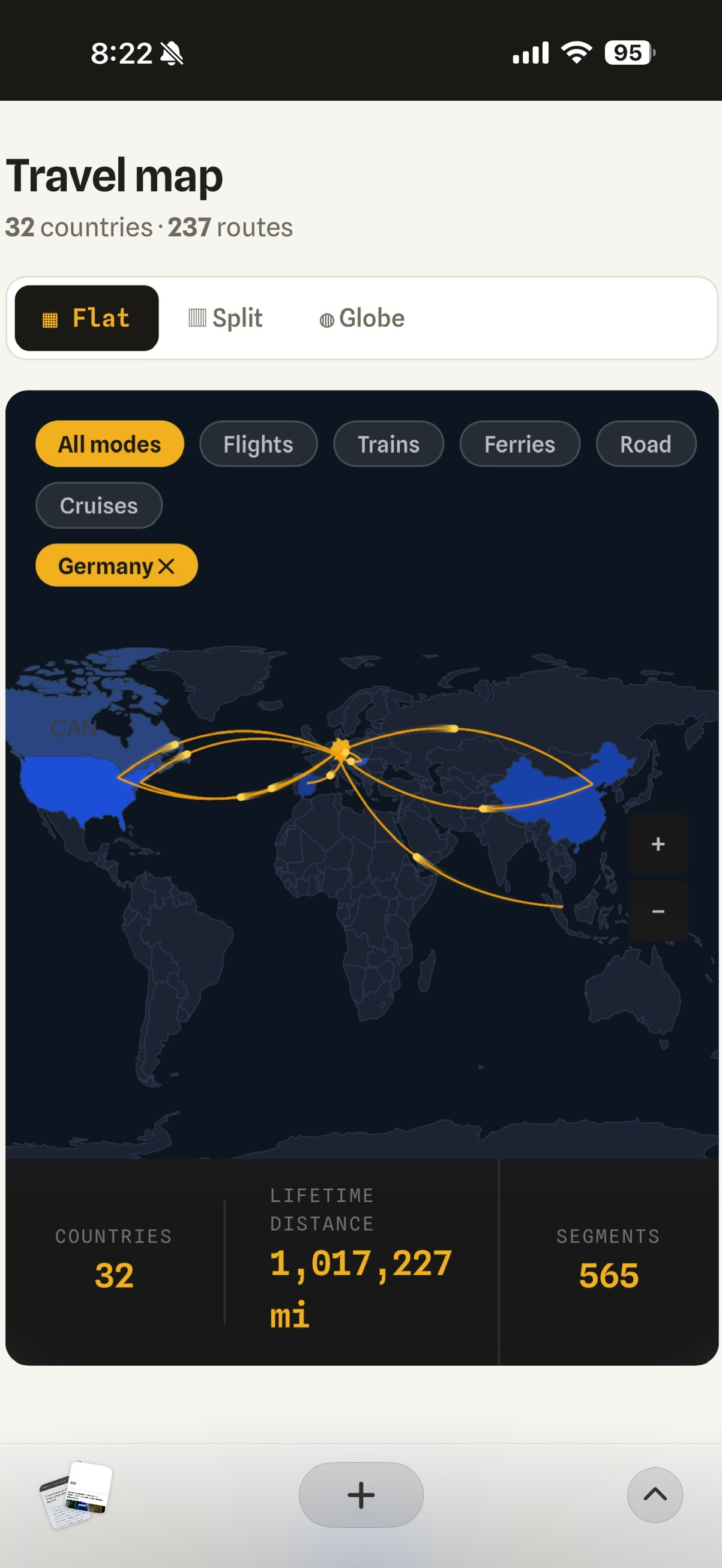Wendways travel map on iPhone — 32 countries, 237 routes