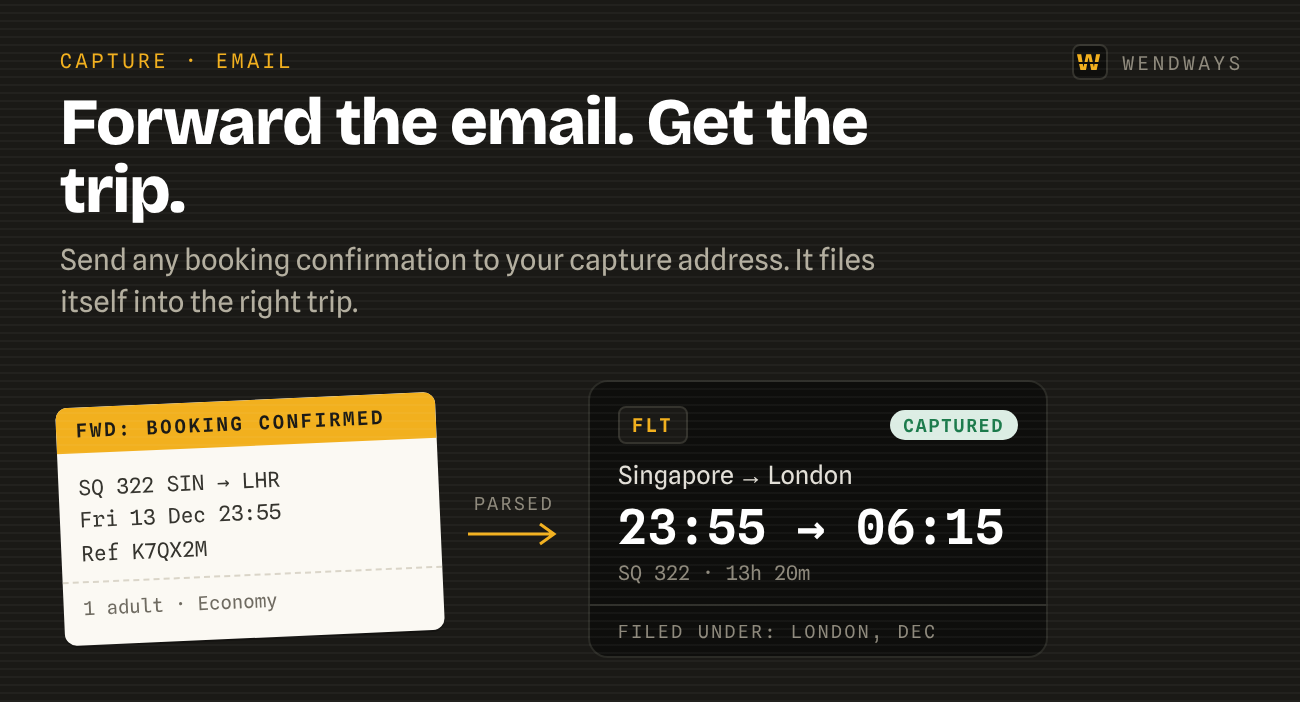 A forwarded booking email turning into a captured flight card.